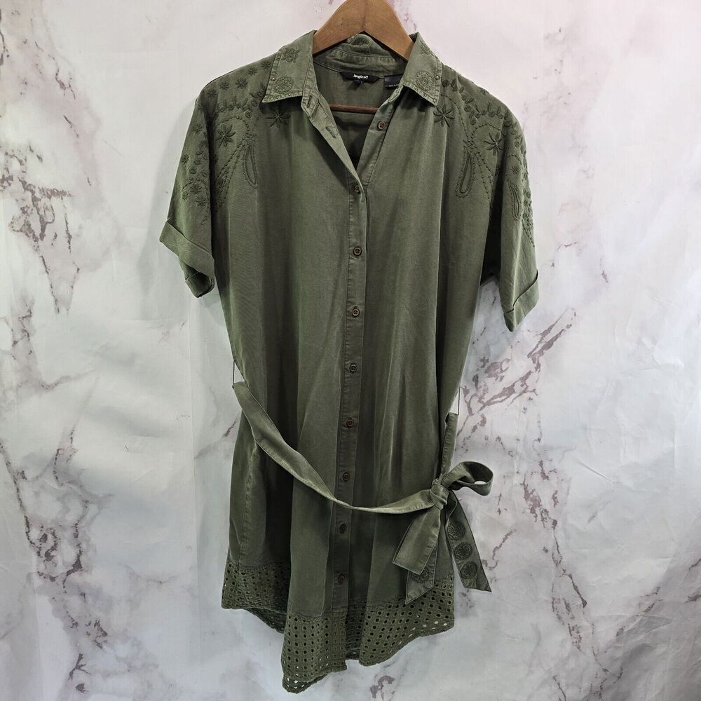 Desigual Dress Women Small Green Army Embroidered Shirt Tie Floral Military Boho
